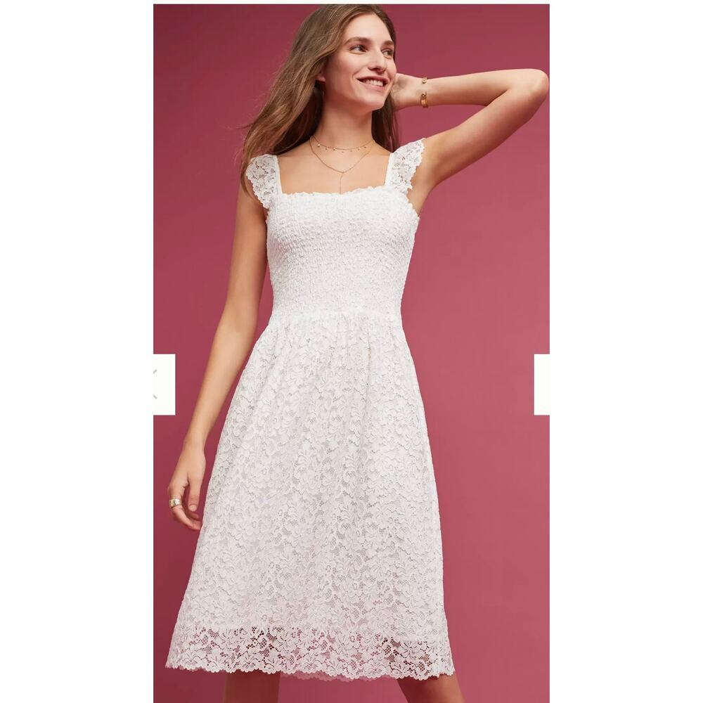 Maeve Anthropologie Lace Midi Dress Cream Smocked Bodice Size L NWT Coquette